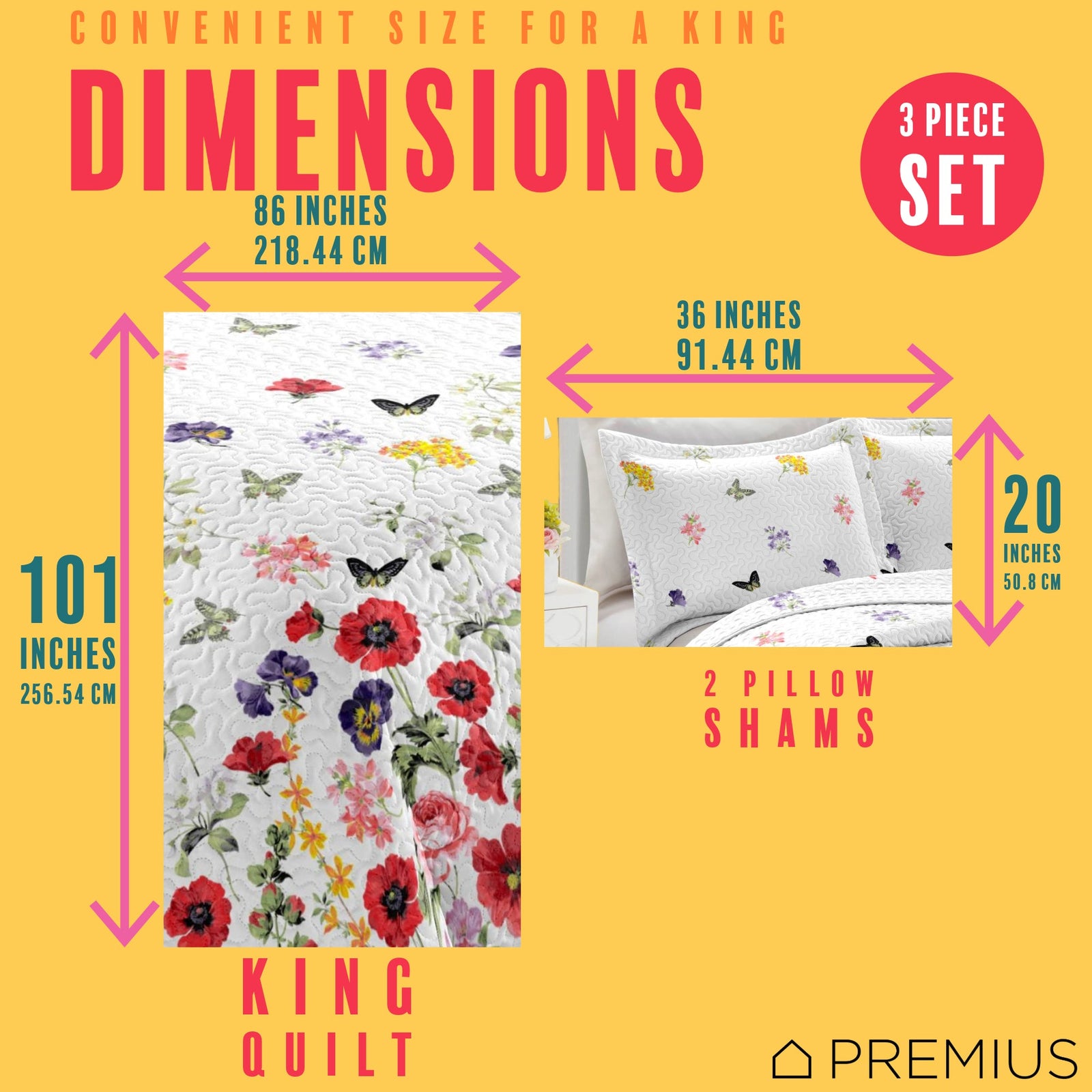 PREMIUS Butterfly 3 Piece Microfiber Wrinkle-Free Quilt Set, White-Multi