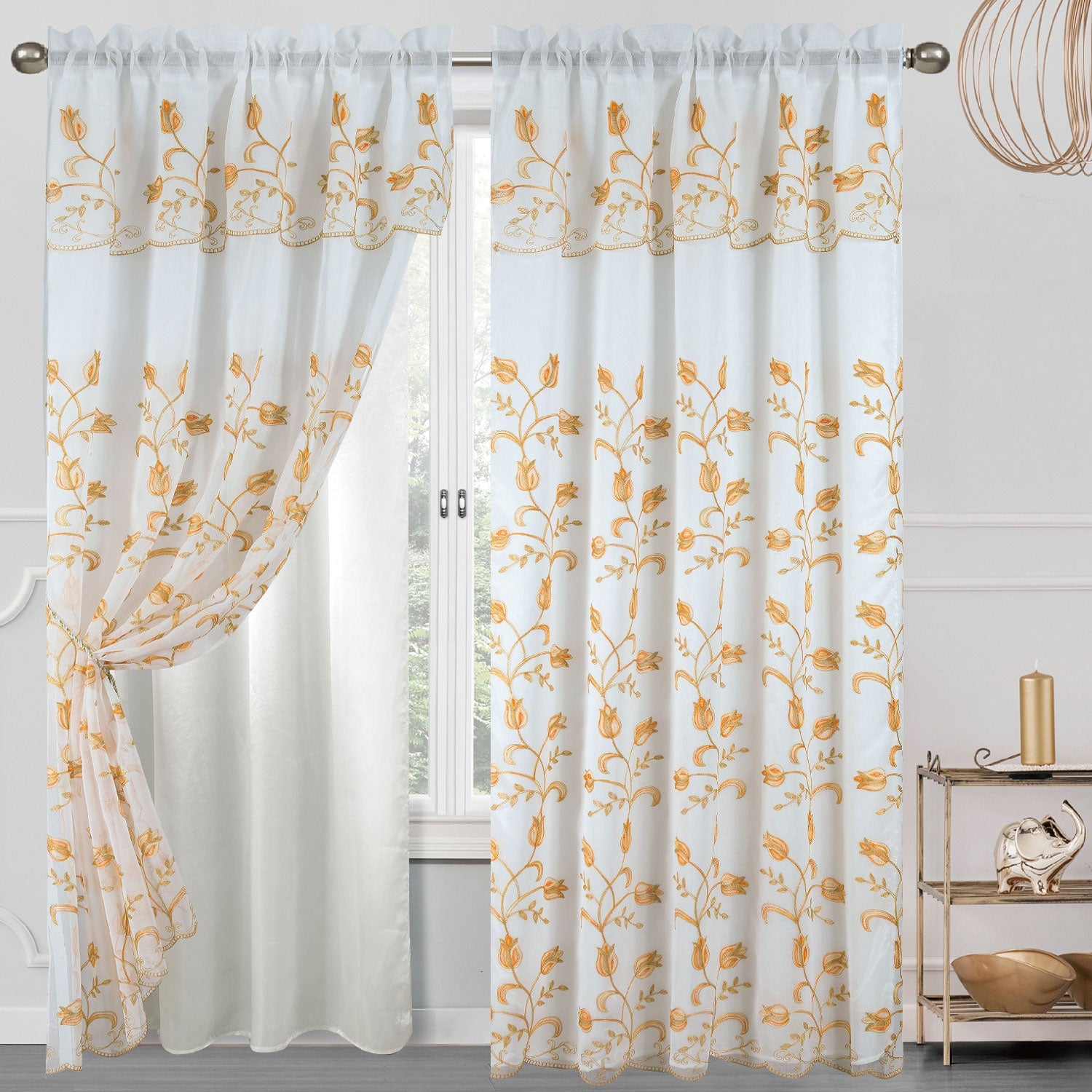 Cecilia Floral Embroidery Window Panel With Valance and Backing, 54x84 Inches
