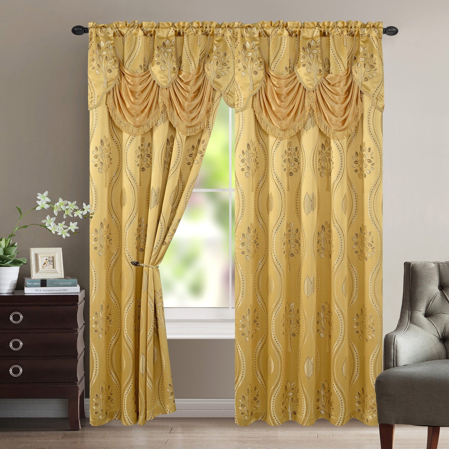 Aurora Tree Leaf Jacquard Window Panel with Attached Valance, Gold, 54x84 Inches