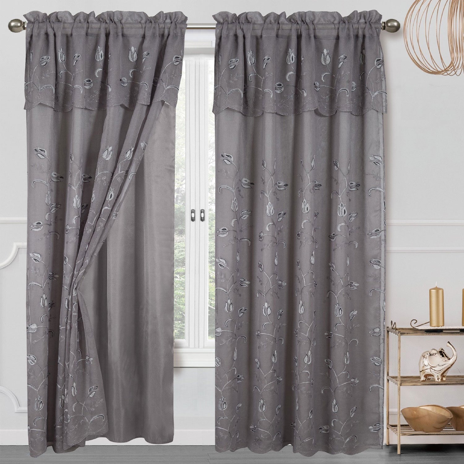 Cecilia Floral Embroidery Window Panel With Valance and Backing, 54x84 Inches