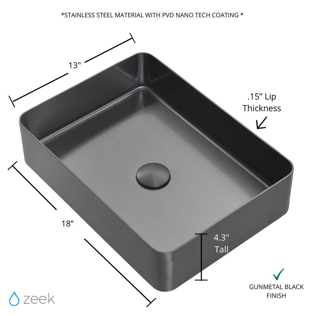 Zeek 18”x13” Gunmetal Black Rectangular Vessel Bathroom Sink Stainless Steel PVD Nano Tech Coating ZN-B183