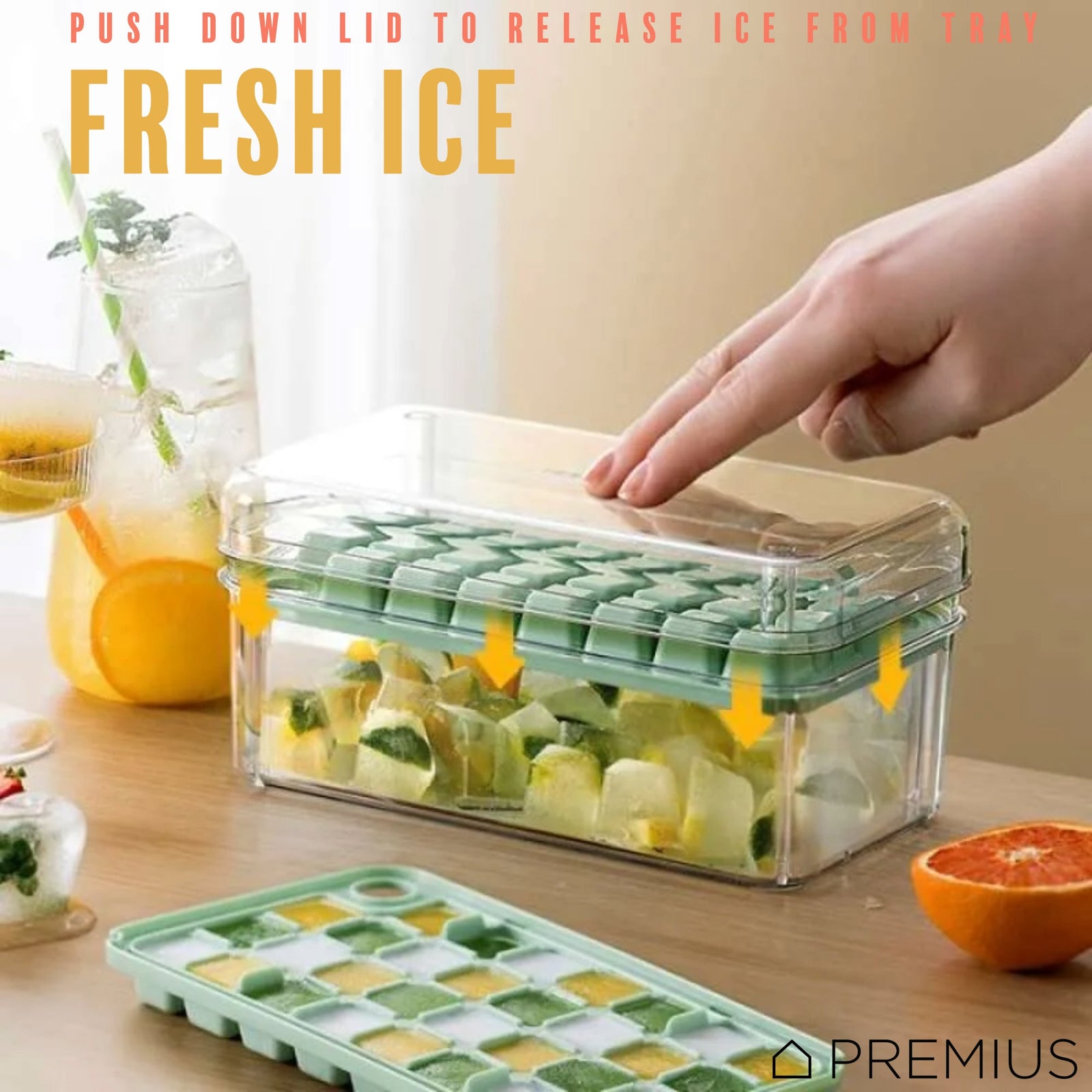 PREMIUS 2 Tray Ice Cube Tray with Container and Scoop, Green-Clear