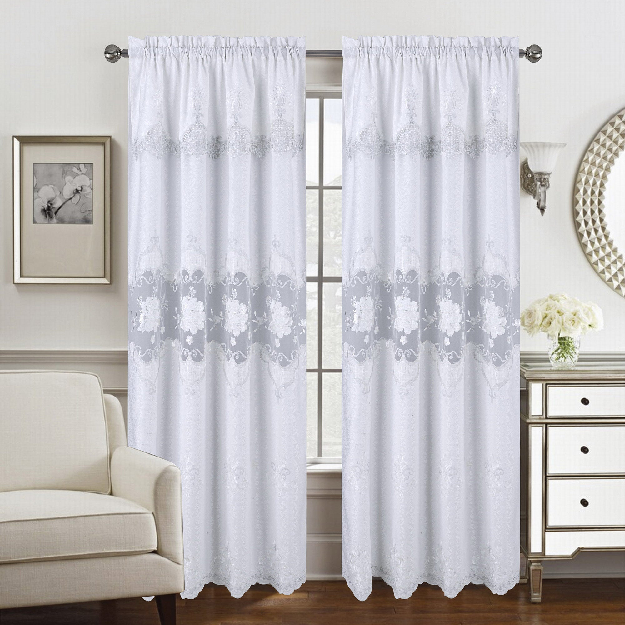Caroline Floral Macramé Rod Pocket Window Panel With Attached Valance, 55x84 Inches