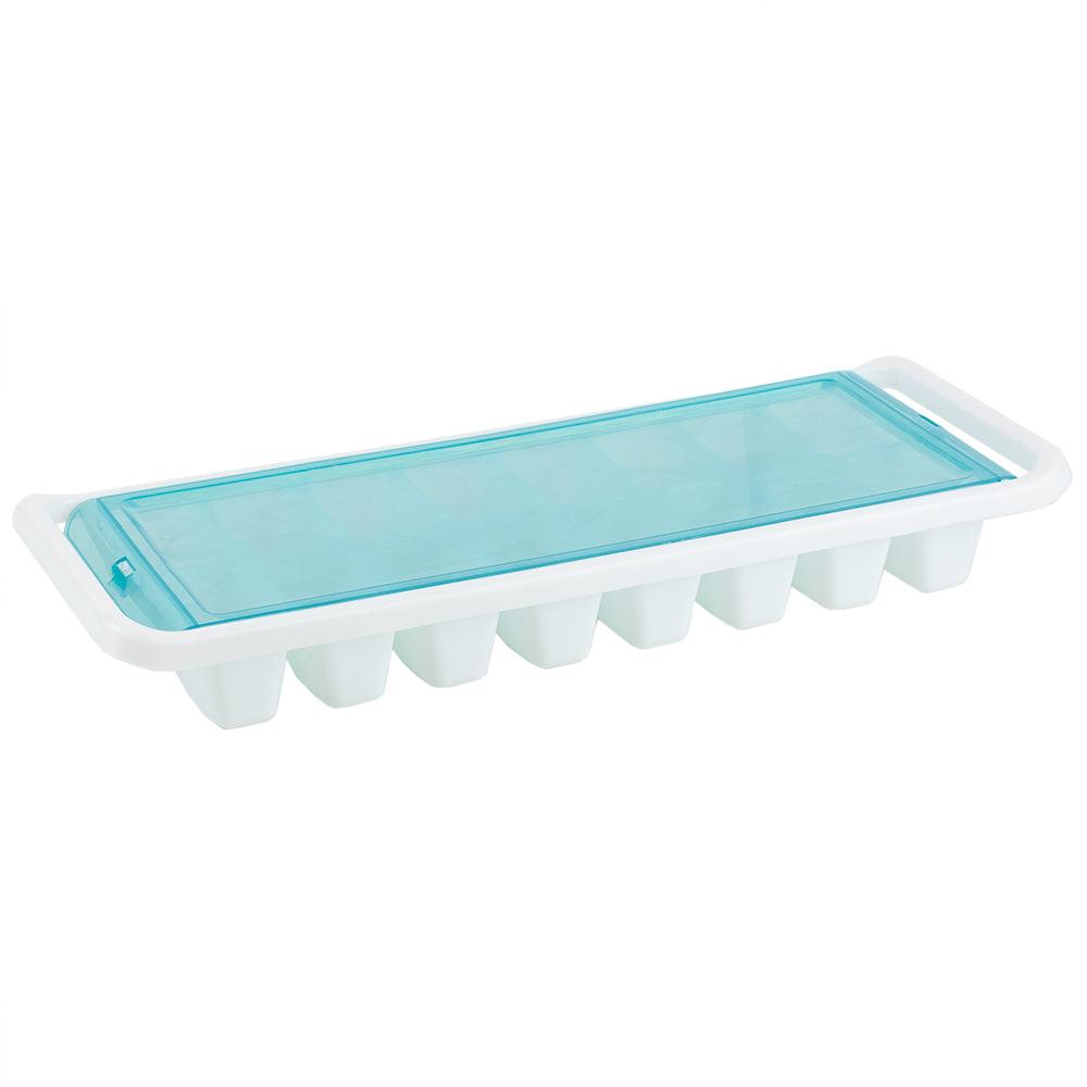 Home Basics 16 Compartment Square Plastic Stackable Ice Cube Tray with Snap-on Cover, Blue