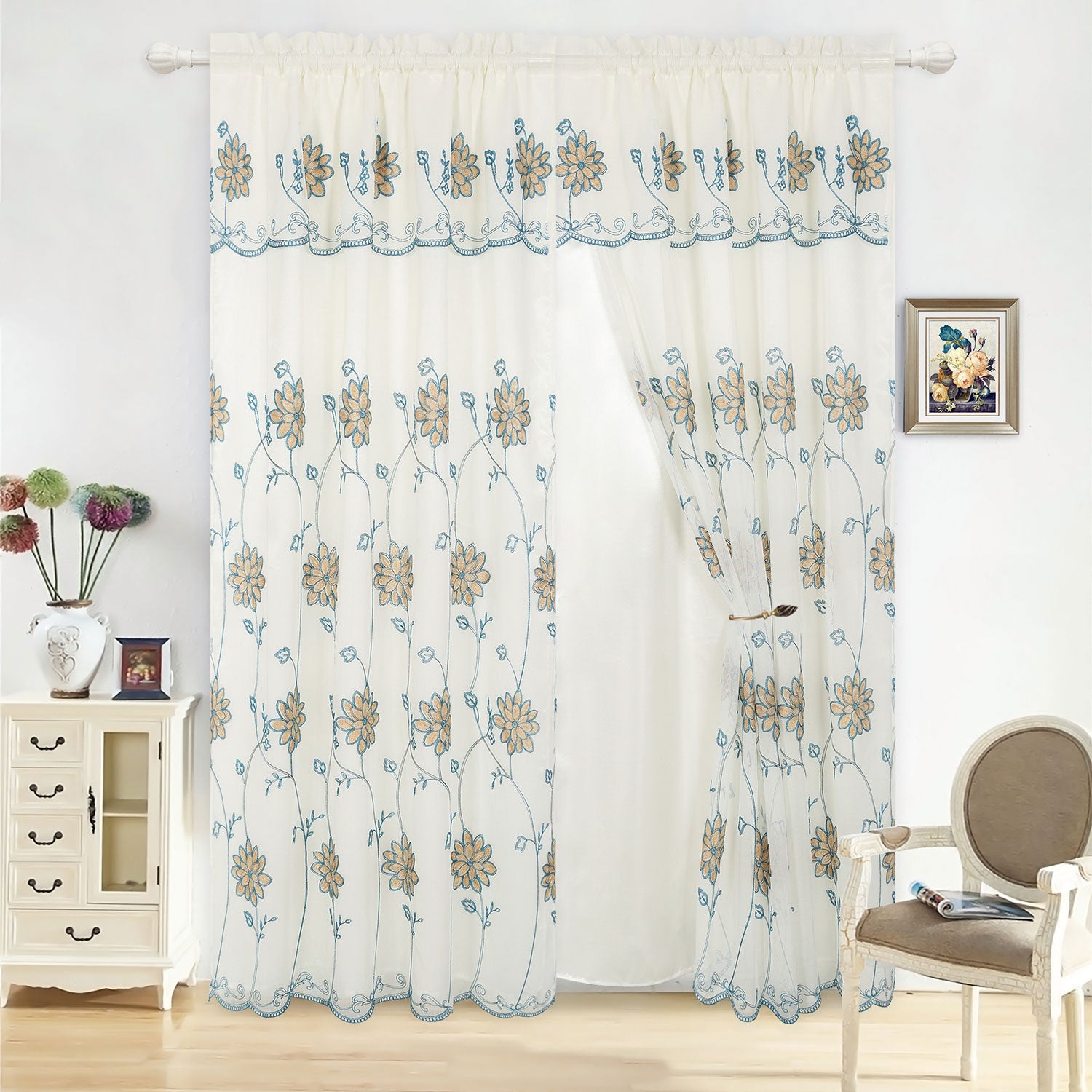 Alice Floral Embroidered Panel With Valance and Backing, 55x84 Inches