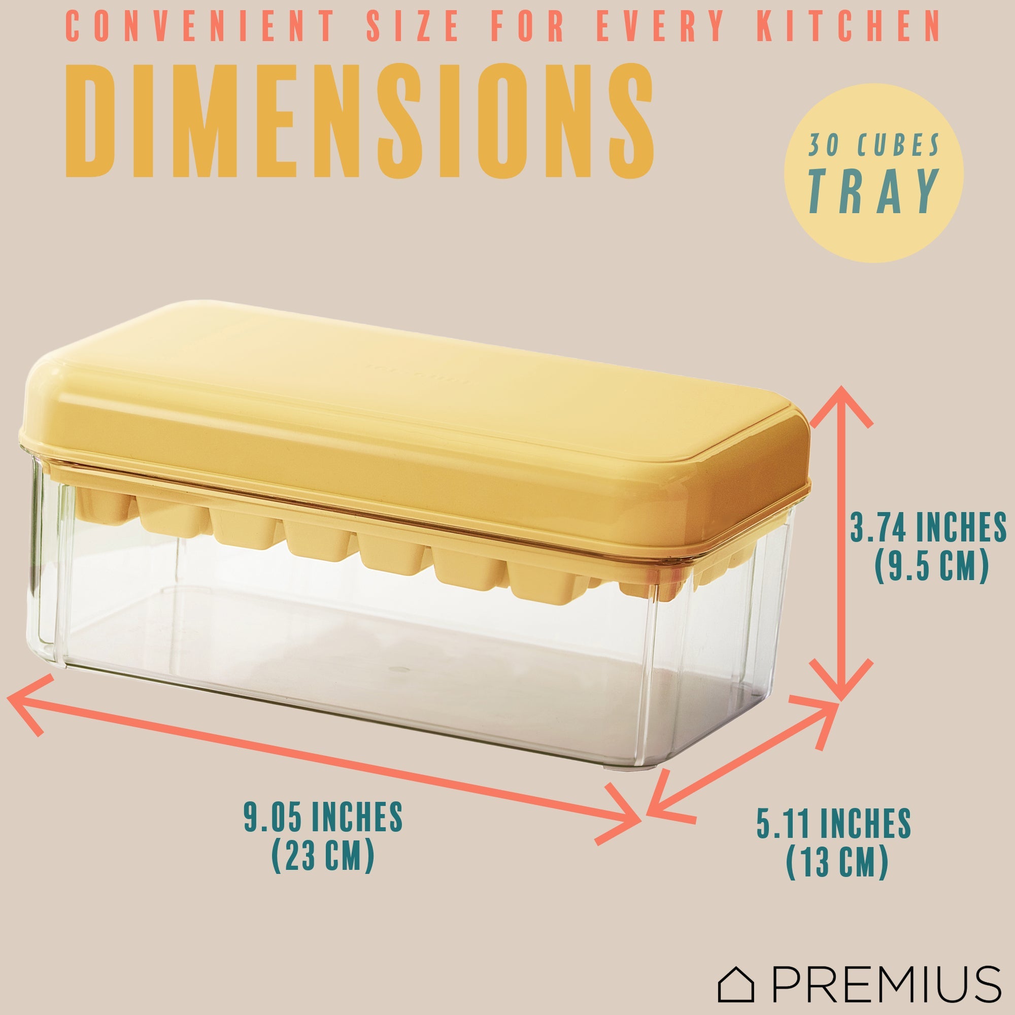 PREMIUS 2 Tray Ice Cube Tray with Container and Scoop, Yellow-Clear