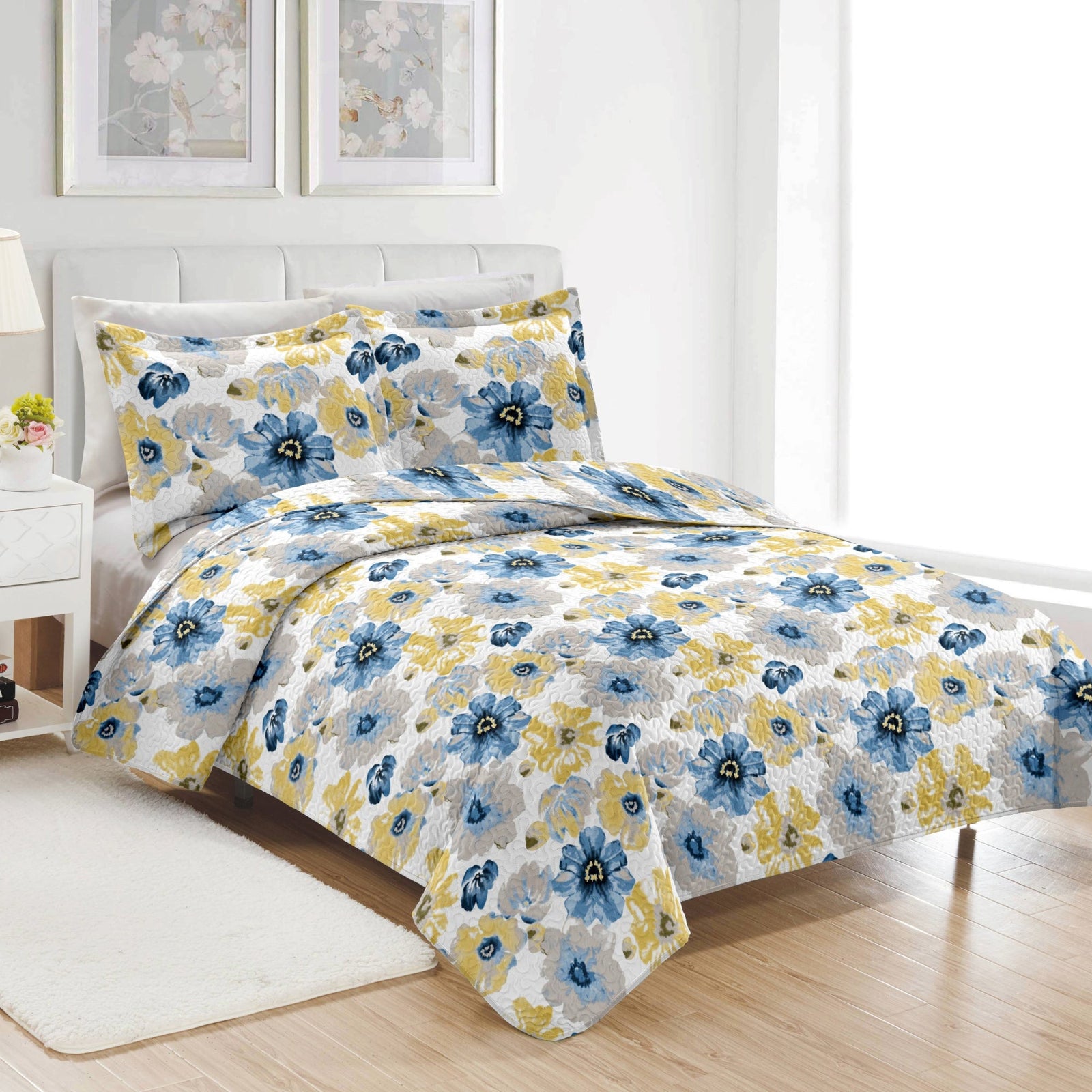 PREMIUS Eliana 3 Piece Microfiber Wrinkle-Free Quilt Set, Blue-Yellow