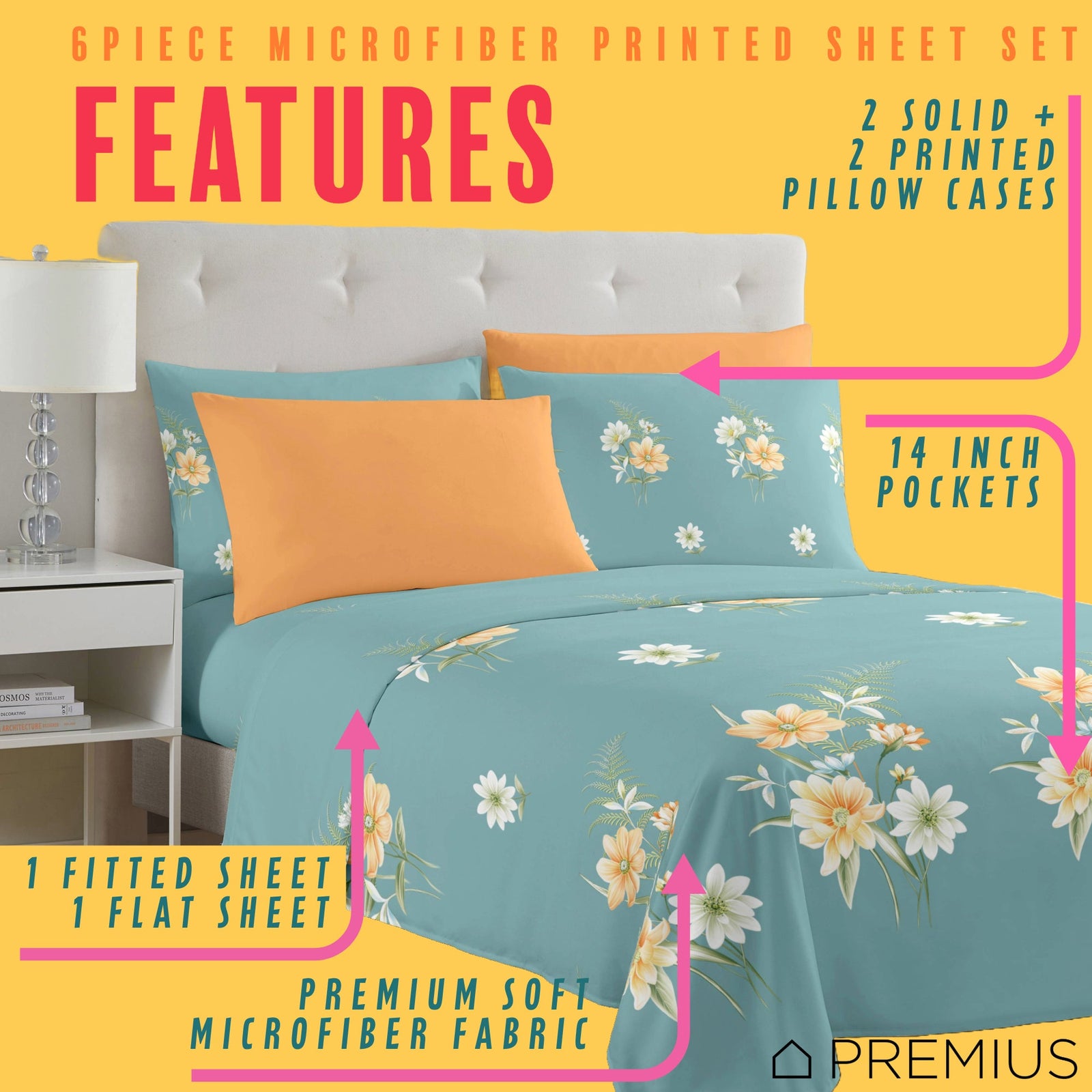 PREMIUS Lucea Soft Wrinkle-Free Microfiber Sheet Set, Soft Blue-Orange