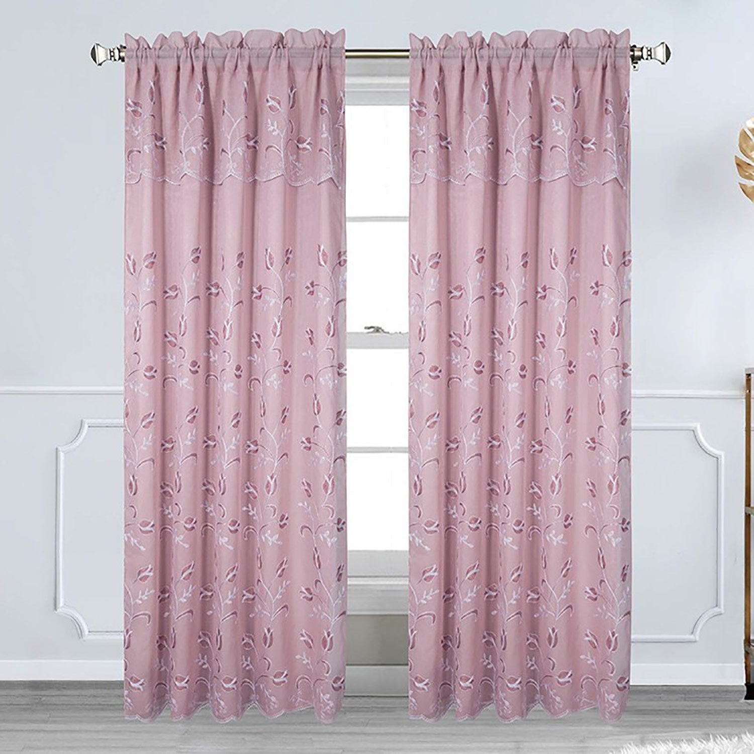 Cecilia Floral Embroidery Window Panel With Valance and Backing, 54x84 Inches