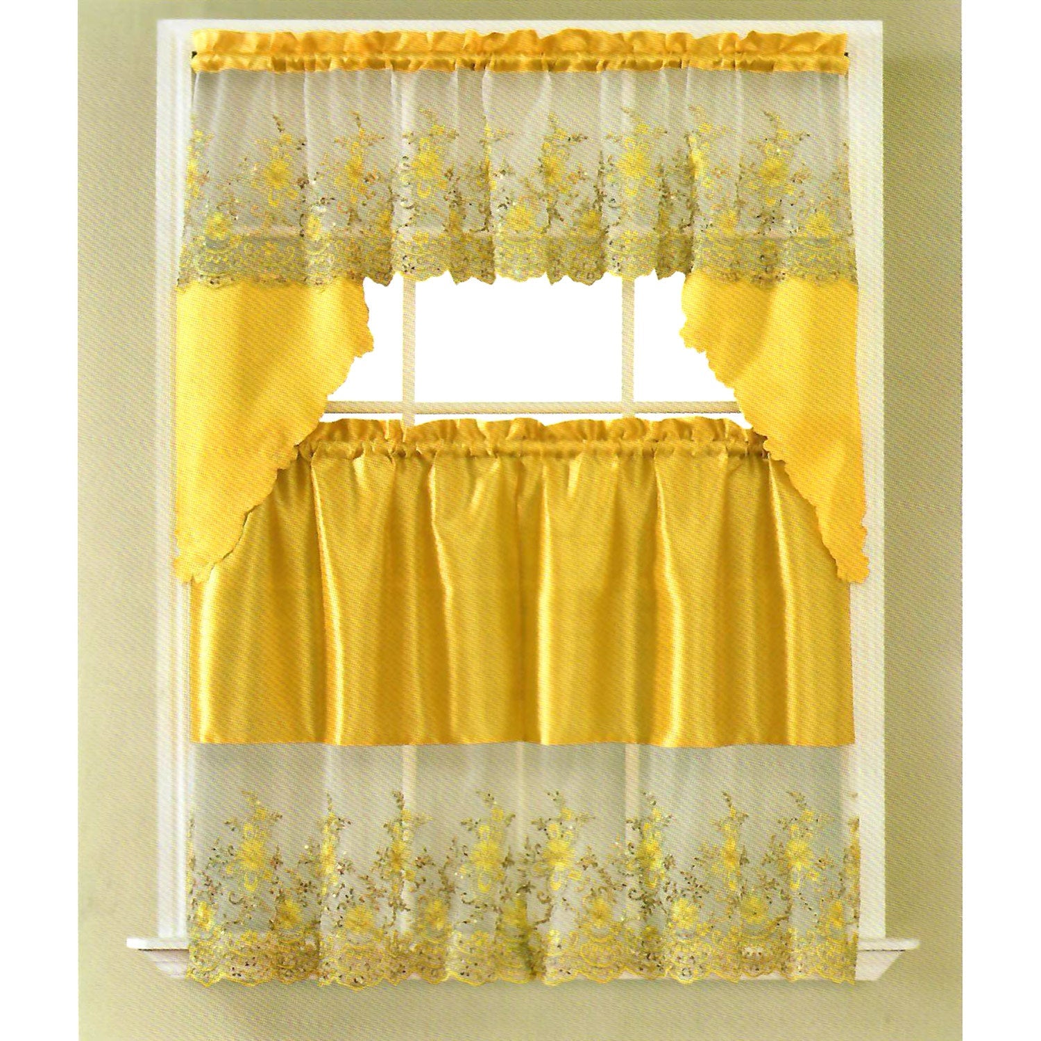 Irina Floral Sequins Kitchen Curtain Set, Swag Valance 60x36, 30x36 Inches