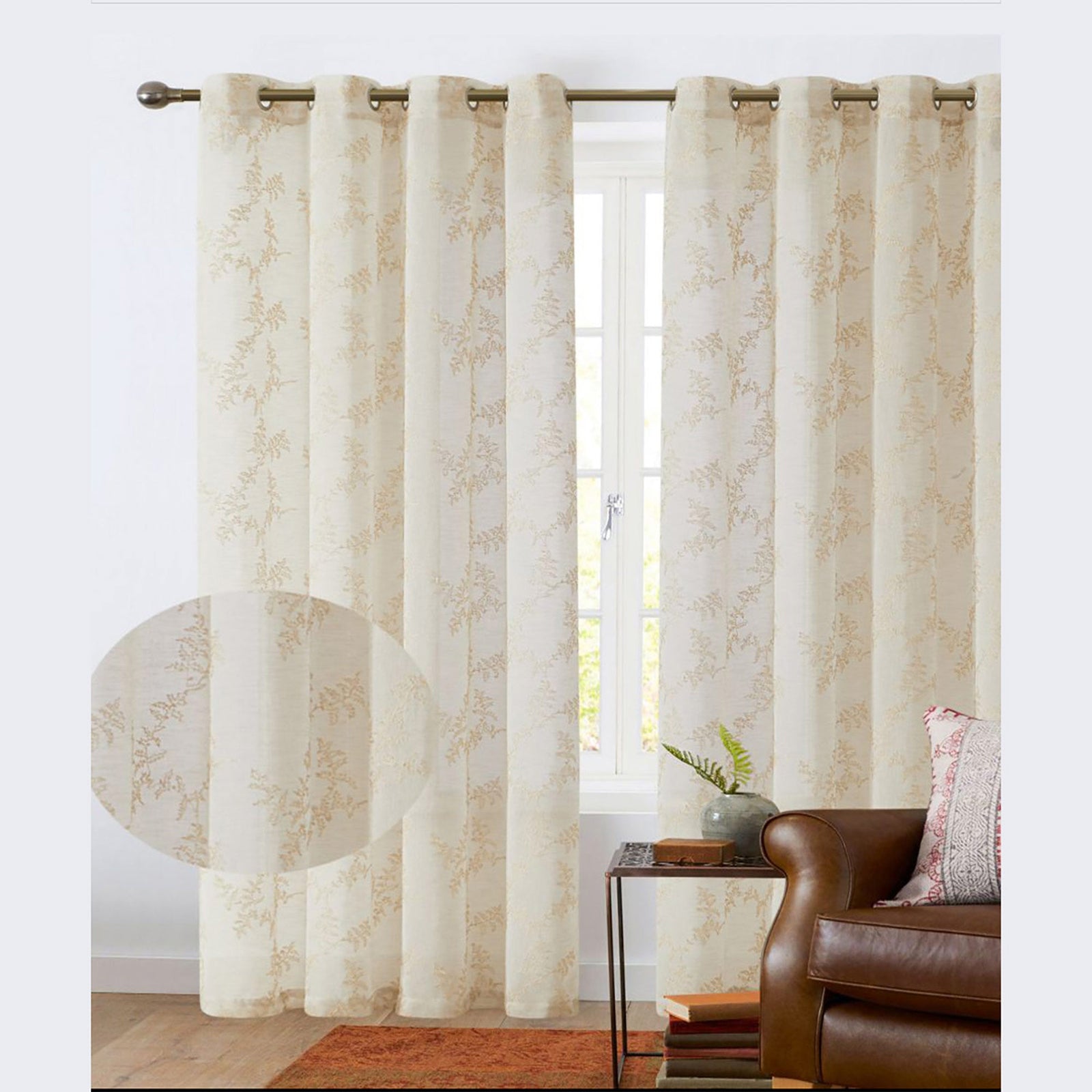 Cooper Leaf Embroidered Sheer Grommet Window Curtain Panel, 54x84 Inches