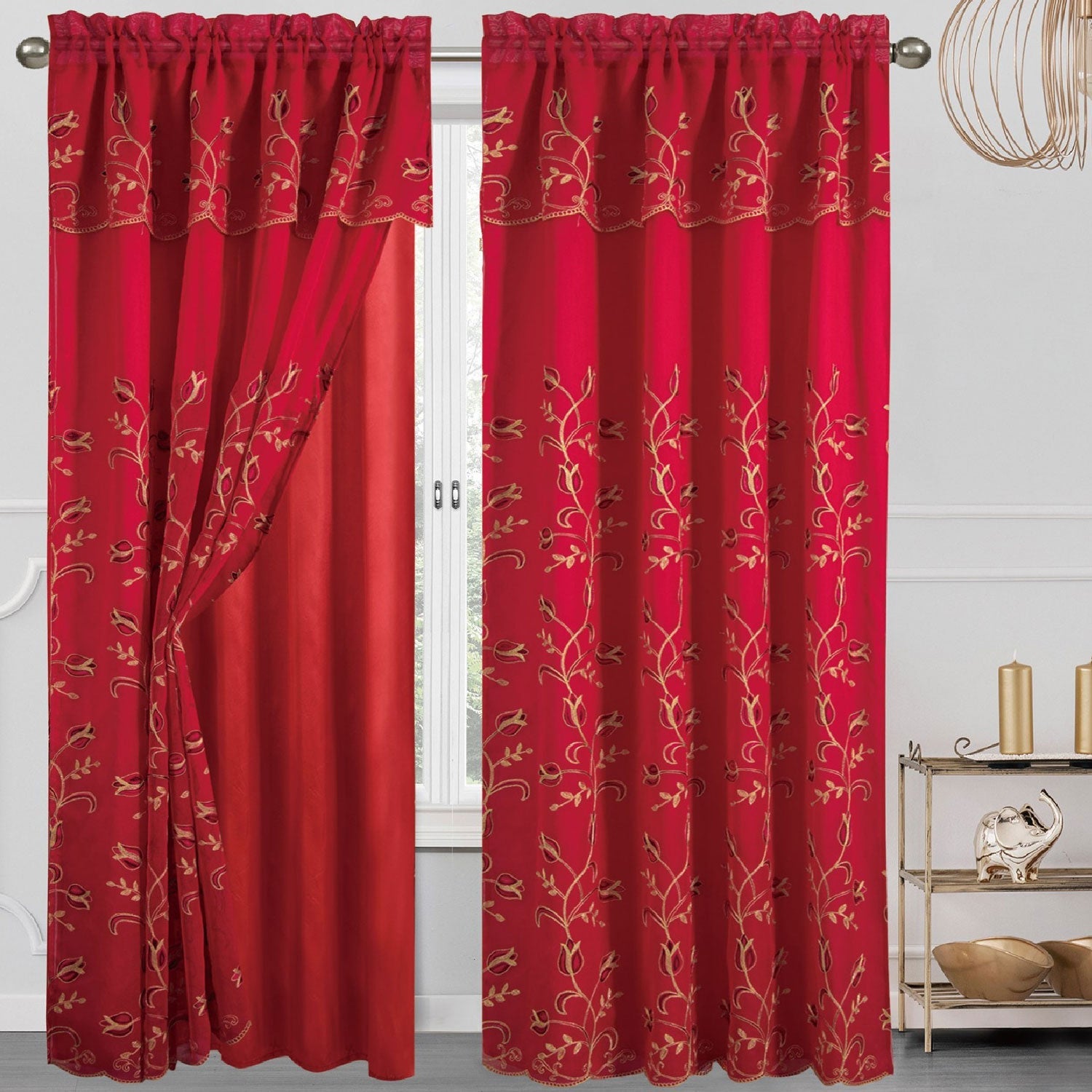 Cecilia Floral Embroidery Window Panel With Valance and Backing, 54x84 Inches