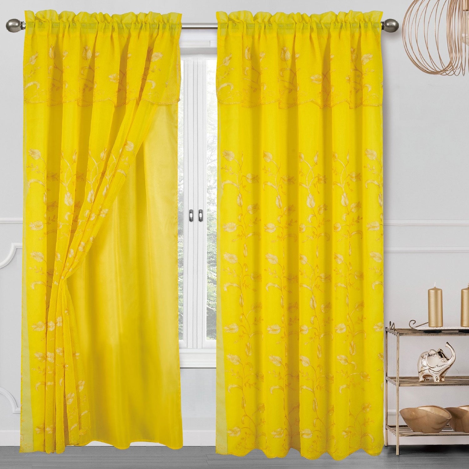 Cecilia Floral Embroidery Window Panel With Valance and Backing, 54x84 Inches