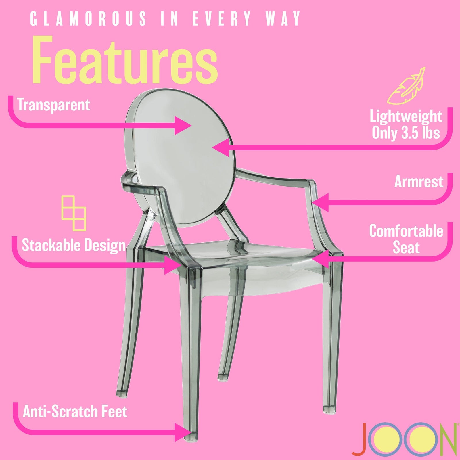 JOON 2 Pack Kids Ghost Chairs with Armrest, 25x13x14.5 Inches, Transparent