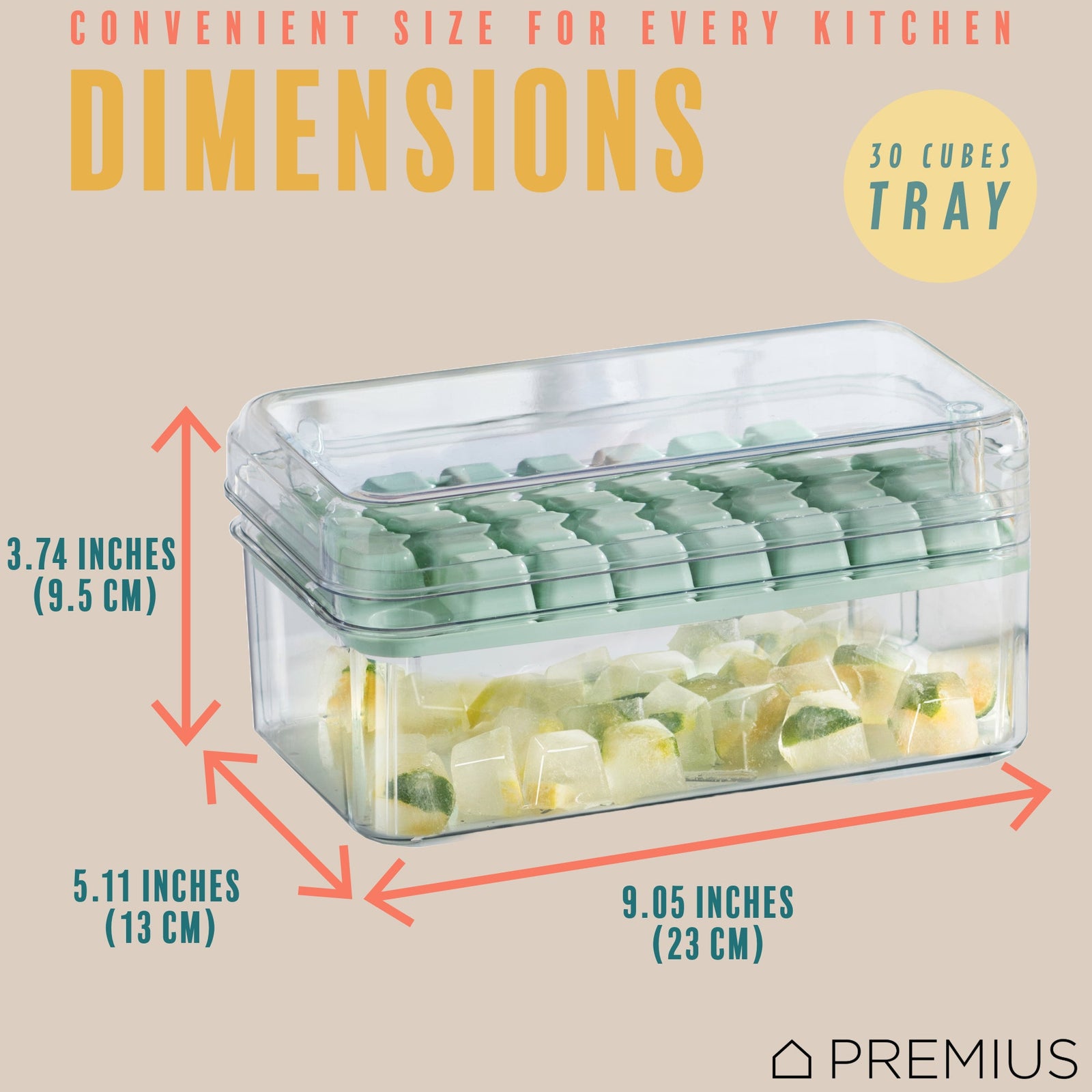PREMIUS 2 Tray Ice Cube Tray with Container and Scoop, Green-Clear