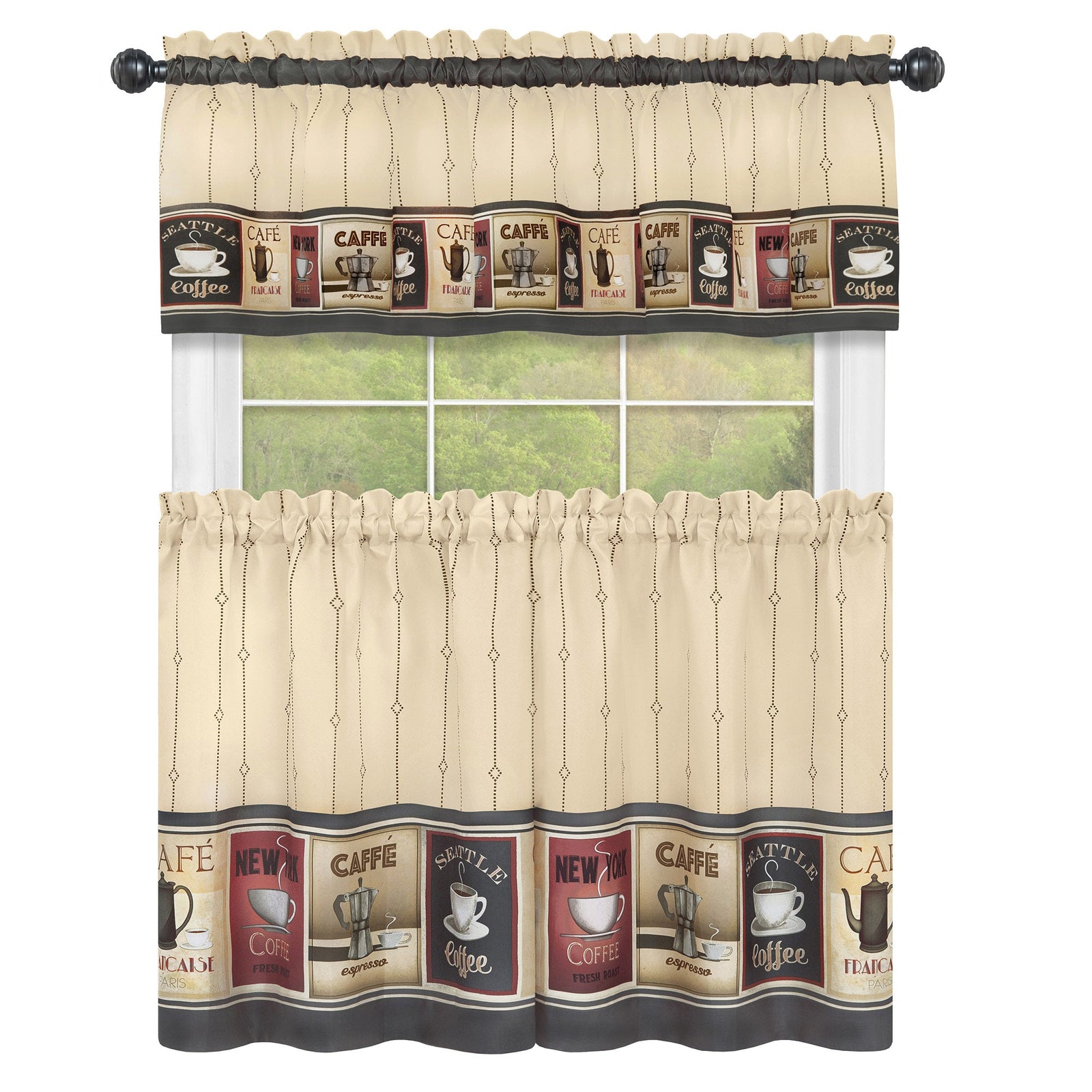 Achim Cozy Cafe Printed Kitchen Curtain Set, Tan-Black, Valance 58x13, Tiers 58x36 Inches