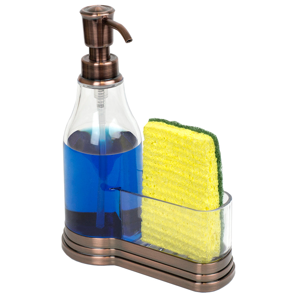 Home Basics Plastic Soap Dispenser with Brushed Steel Top and Sponge Holder, Bronze