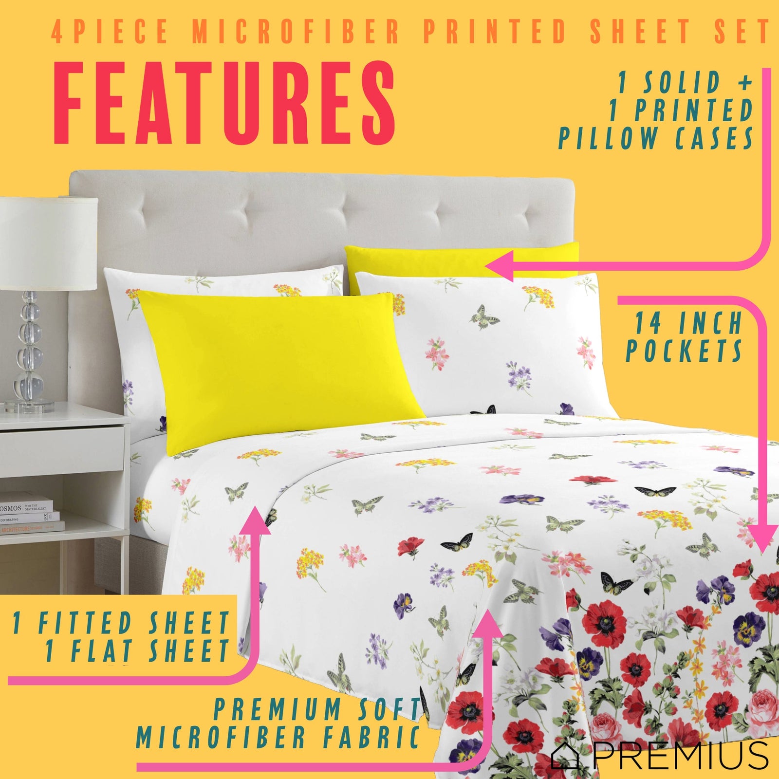 PREMIUS Butterfly Soft Wrinkle-Free Microfiber Sheet Set, White-Multi