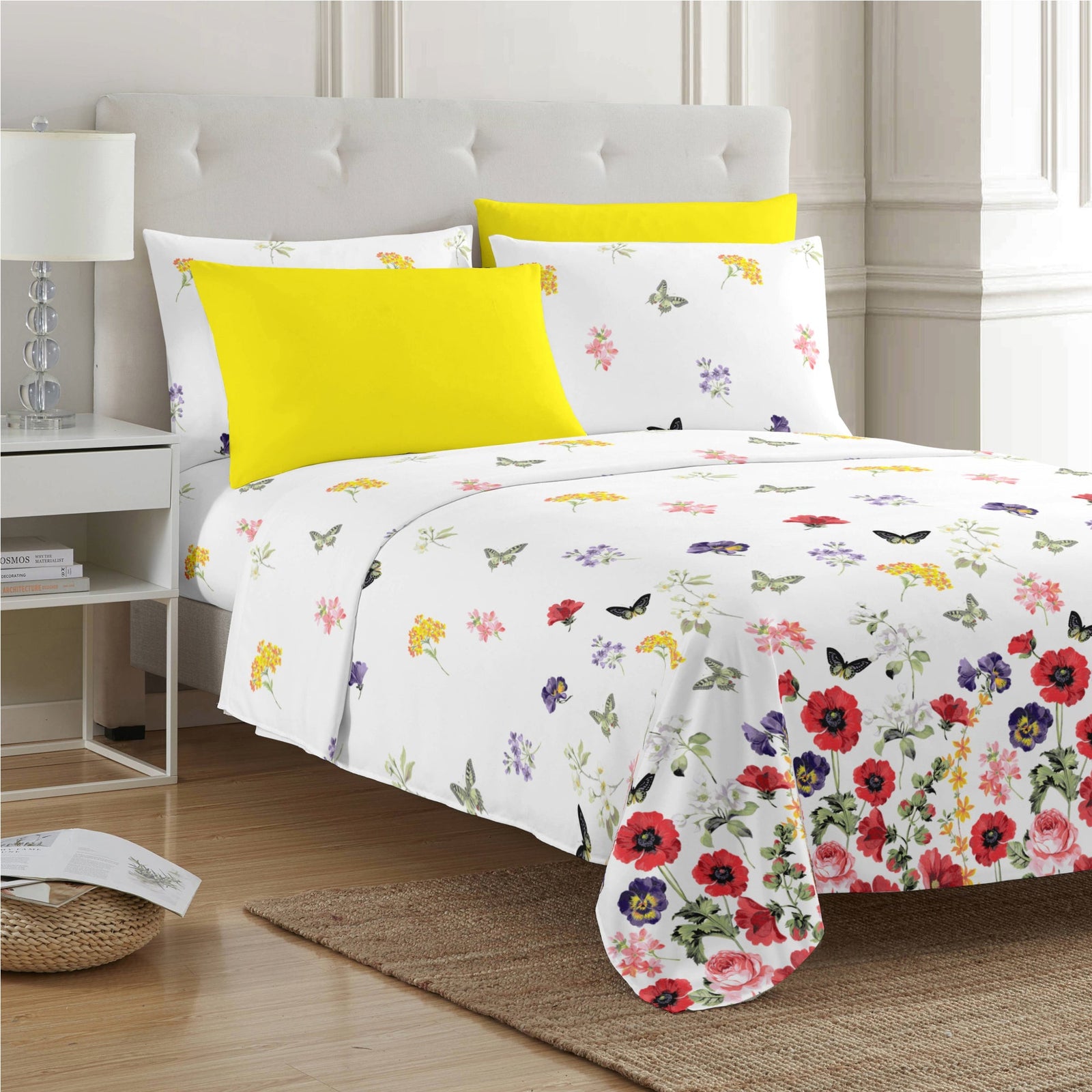 PREMIUS Butterfly Soft Wrinkle-Free Microfiber Sheet Set, White-Multi