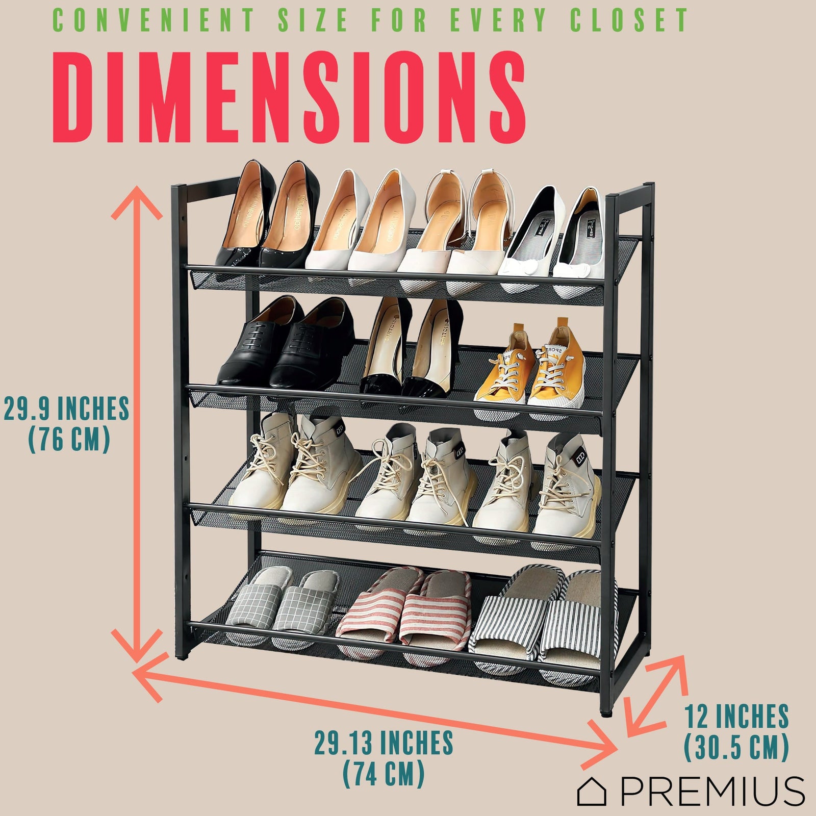 PREMIUS 4 Layer Mesh Shelf Shoe Rack, Black, 29.9x29.1x12 Inches