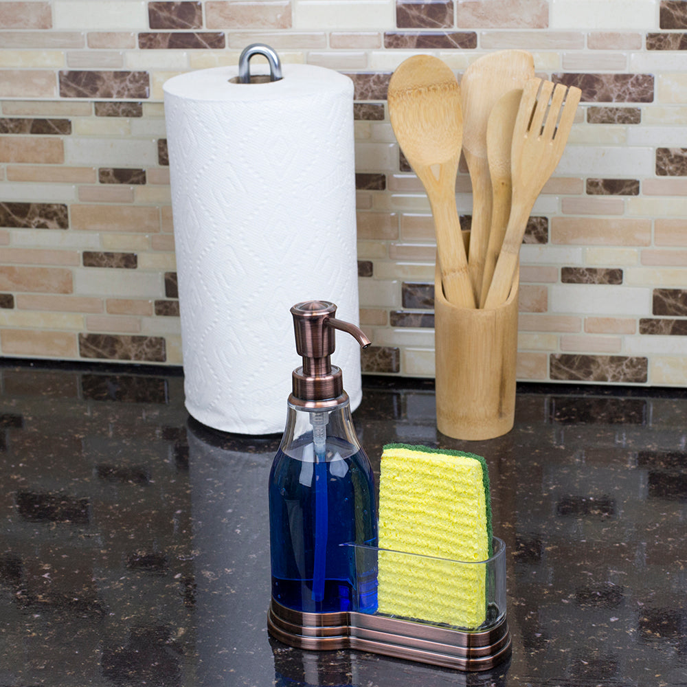 Home Basics Plastic Soap Dispenser with Brushed Steel Top and Sponge Holder, Bronze