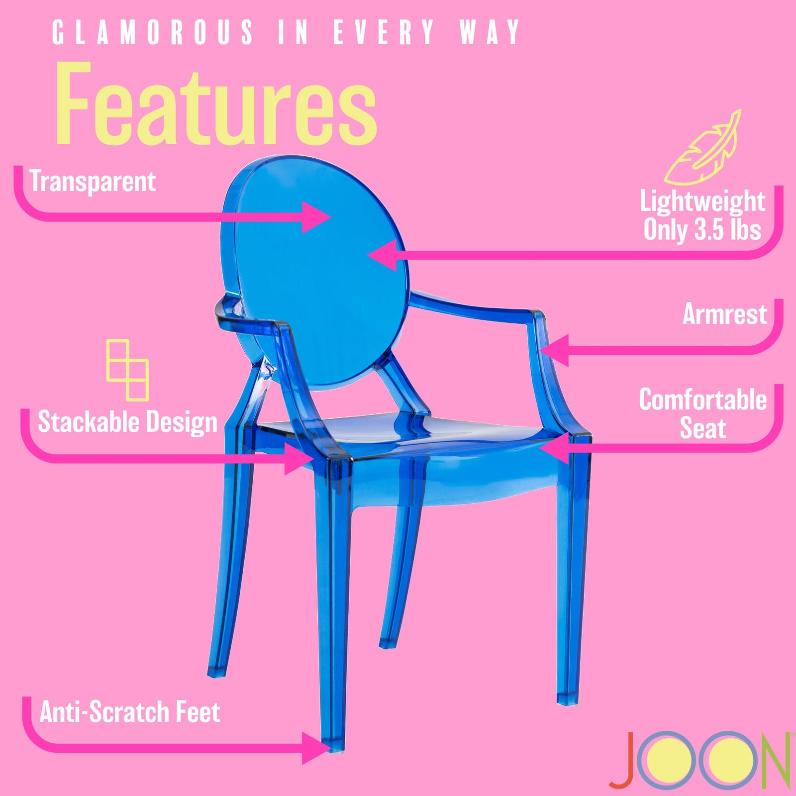 JOON 2 Pack Kids Ghost Chairs with Armrest, 25x13x14.5 Inches, Transparent