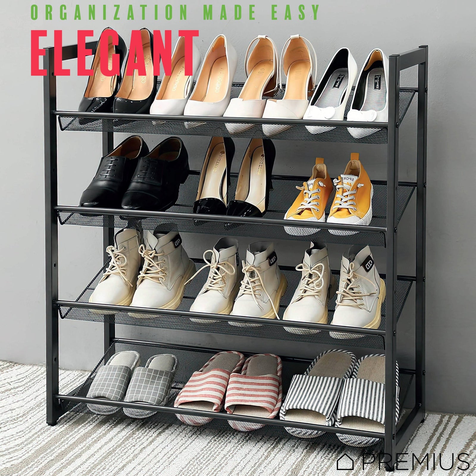 PREMIUS 4 Layer Mesh Shelf Shoe Rack, Black, 29.9x29.1x12 Inches