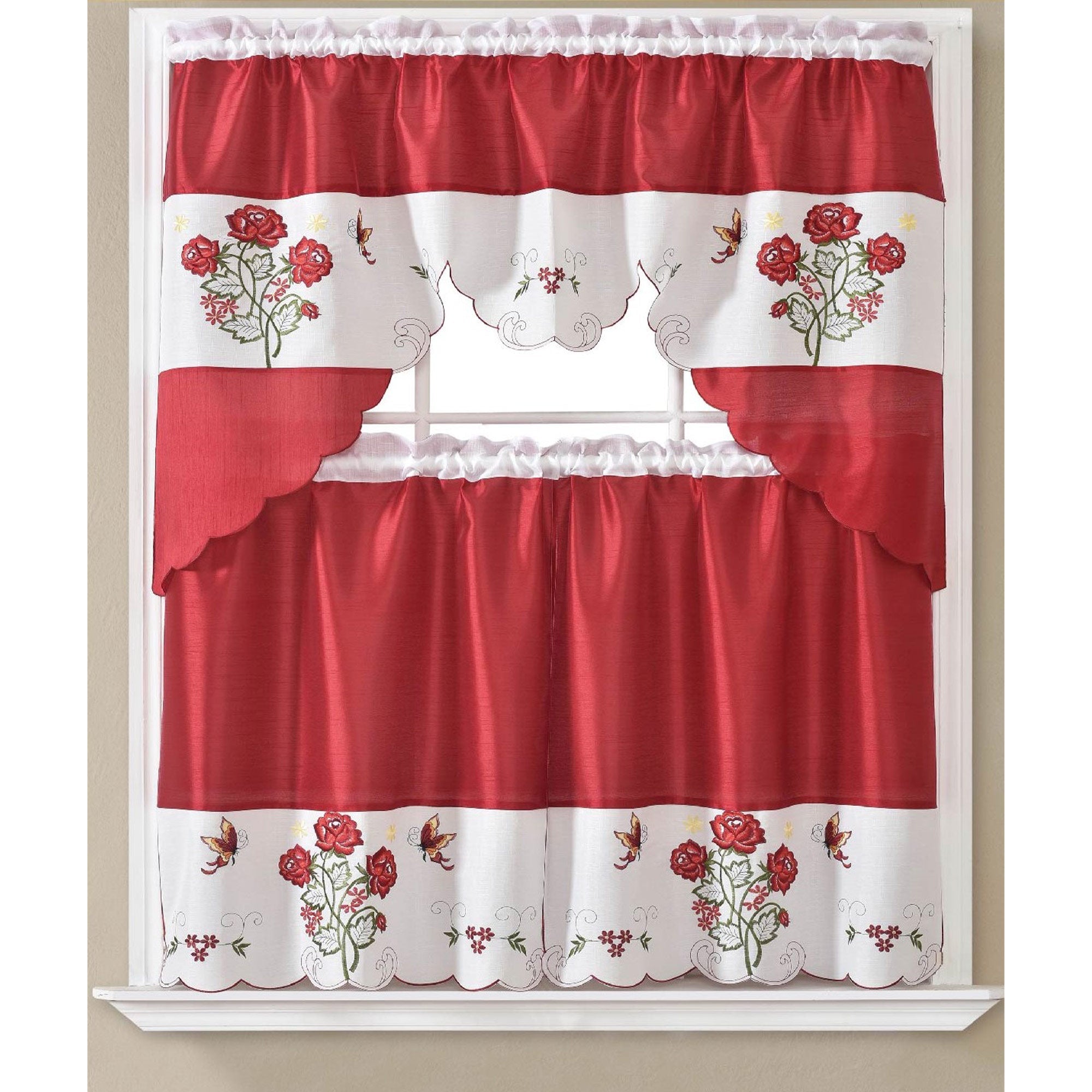 Emily 3 Piece Embroidered Kitchen Curtain Set, Burgundy, Swag 60x36, Tiers 30x36 Inches