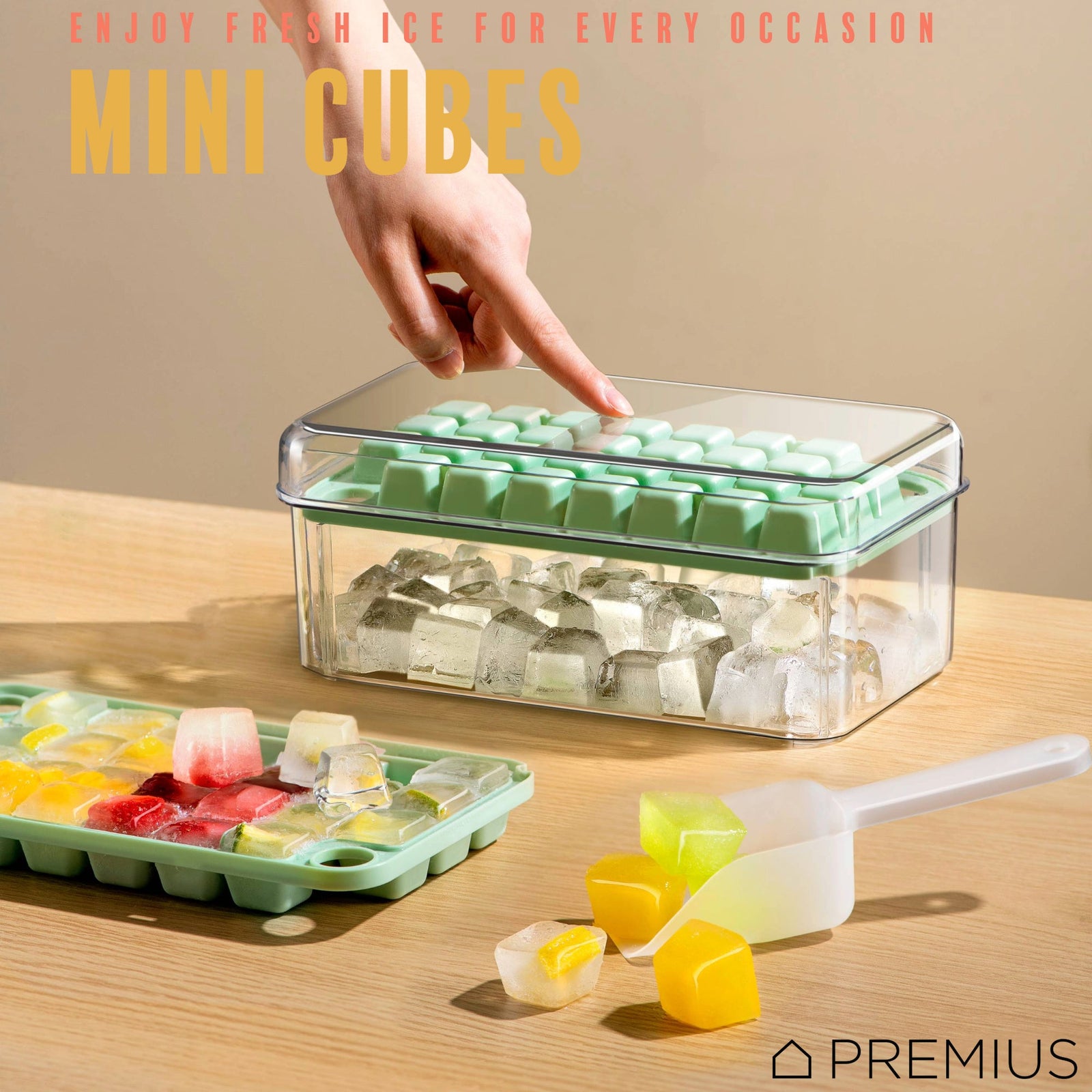 PREMIUS 2 Tray Ice Cube Tray with Container and Scoop, Green-Clear