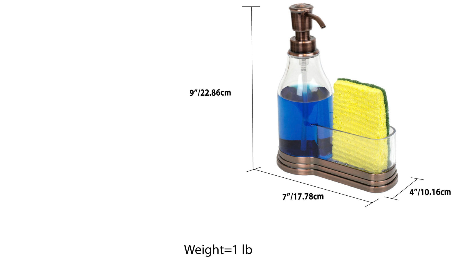 Home Basics Plastic Soap Dispenser with Brushed Steel Top and Sponge Holder, Bronze