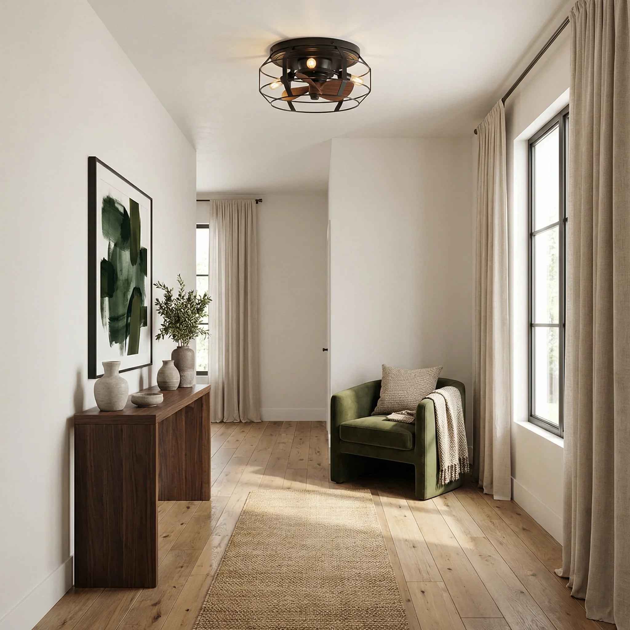 12" Flush Mount Low Profile Caged Small Ceiling Fan with Light and Remote Control