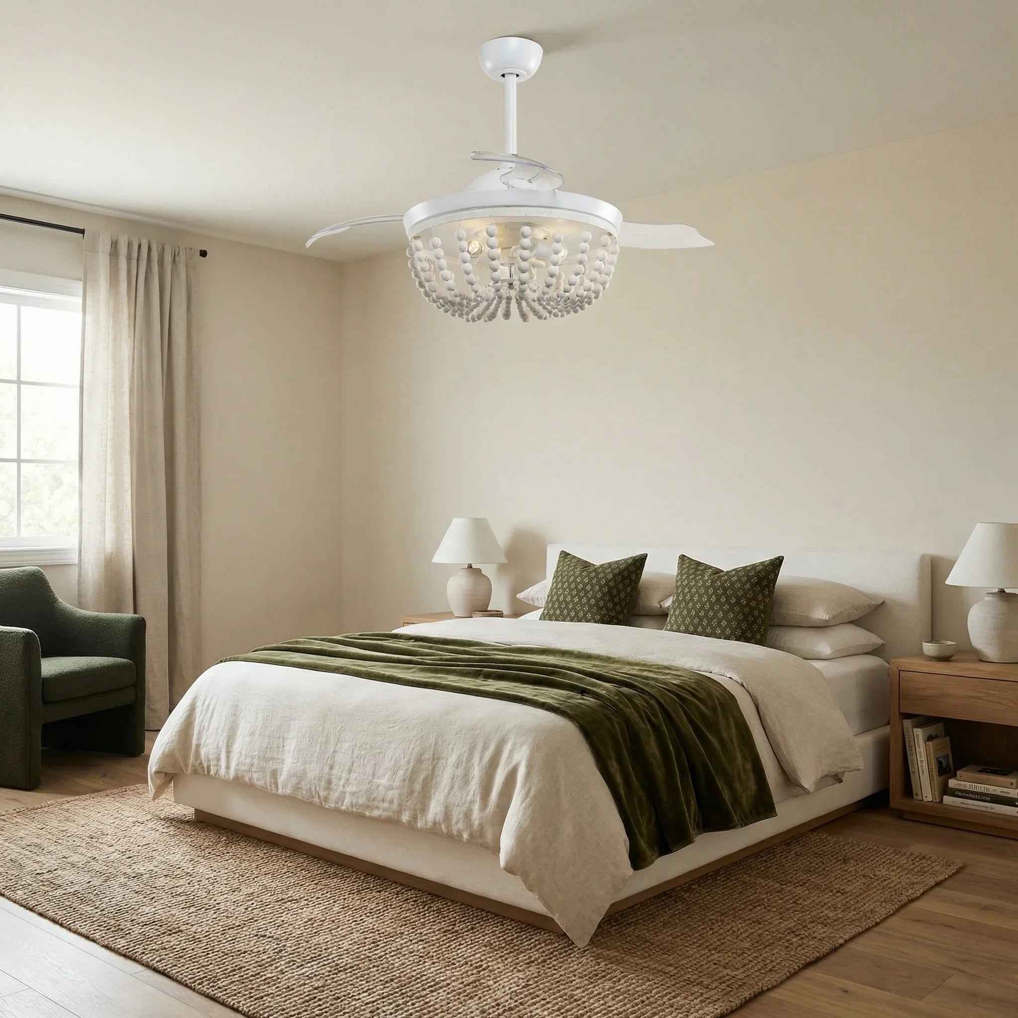42" Huang Farmhouse Wooden Beads Ceiling Fan with Lighting