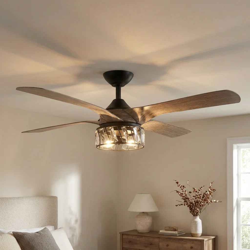 52" Tata Nagar Farmhouse Downrod Mount Reversible Crystal Ceiling Fan with Lighting and Remote Control
