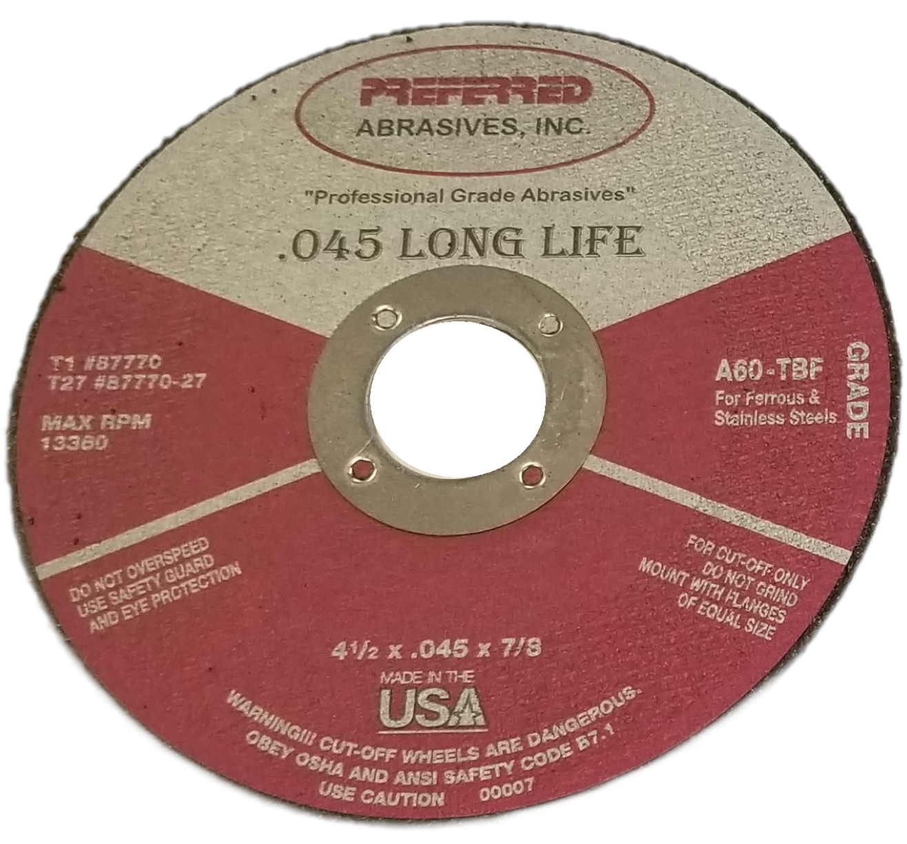 Preferred Abrasives Reinforced Cut-Off Wheel A60-TBF Type 1 Grit 87781