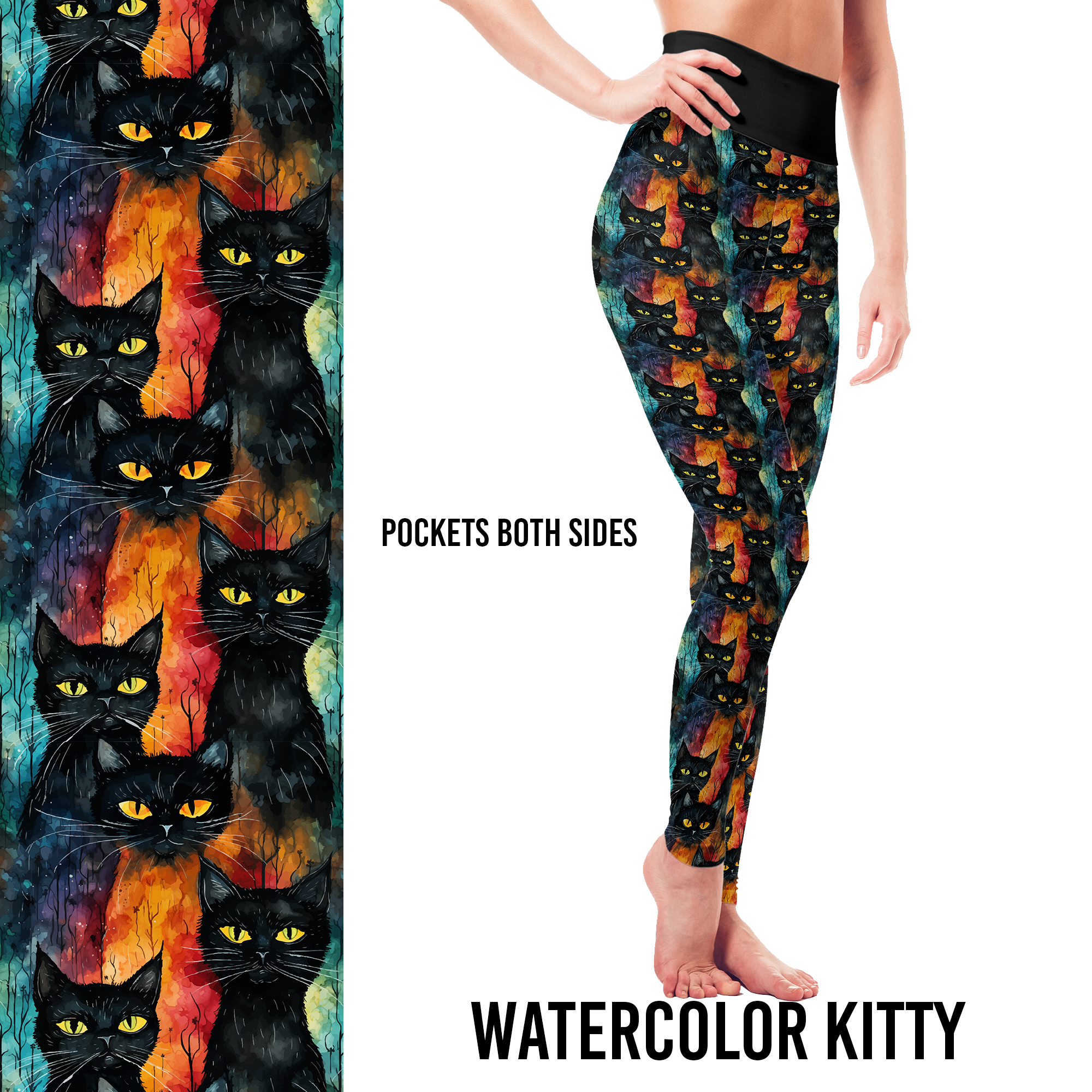 Watercolor Black Kitty Cat Leggings with Pockets Full Length