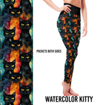 Watercolor Black Kitty Cat Leggings with Pockets Full Length