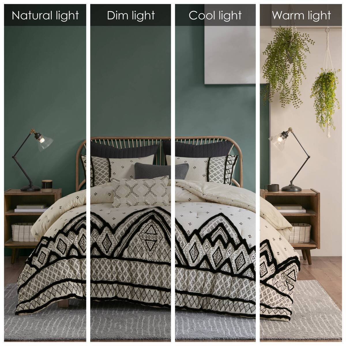 3 Piece Cotton and Flax Linen Blend Comforter Set with Chenille Trim - Full/Queen, White+Black