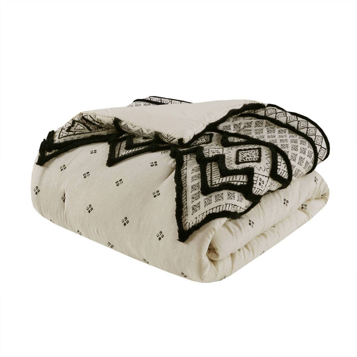 3 Piece Cotton and Flax Linen Blend Comforter Set with Chenille Trim - Full/Queen, White+Black