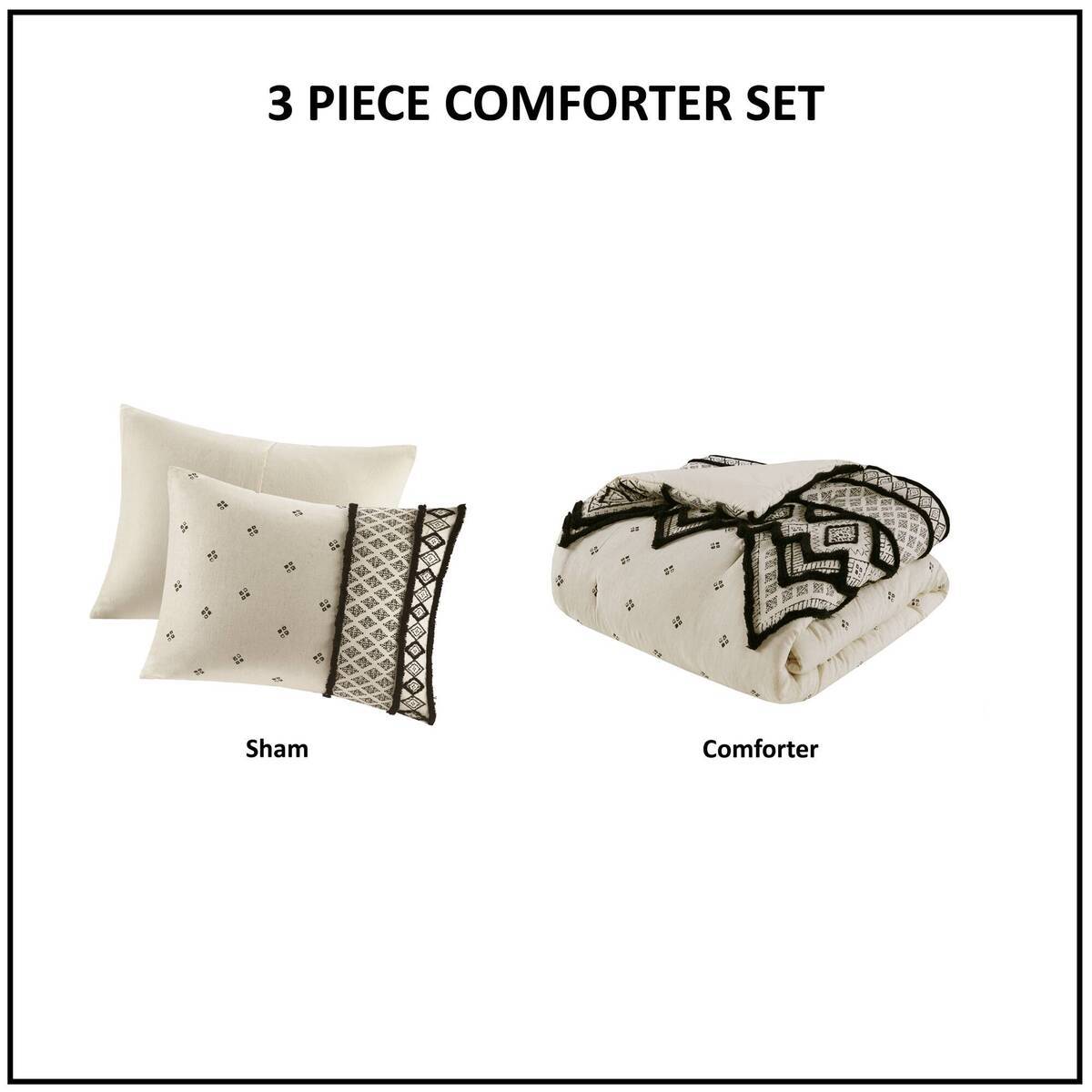 3 Piece Cotton and Flax Linen Blend Comforter Set with Chenille Trim - Full/Queen, White+Black