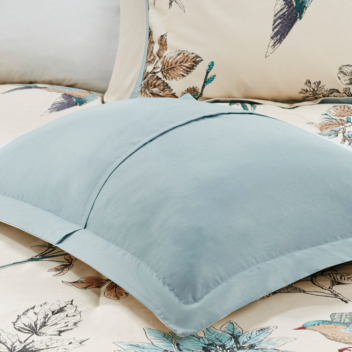 7 Piece Printed Cotton Twill Comforter Set with Embroidered Pillows - Khaki, Queen