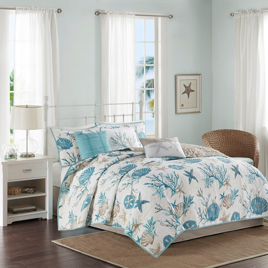 Aqua Cotton Sateen Quilt Set with Coastal Motifs - 6 Piece Full/Queen