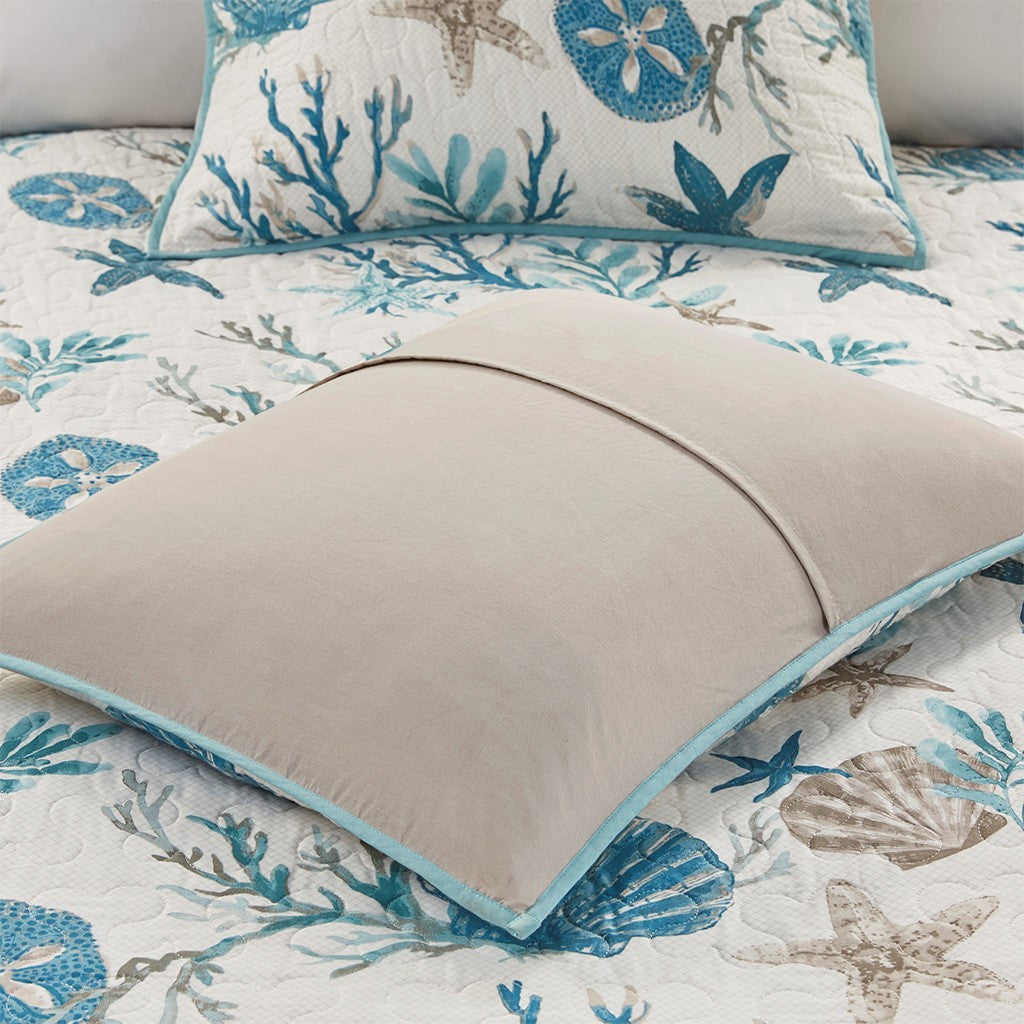 Aqua Cotton Sateen Quilt Set with Coastal Motifs - 6 Piece Full/Queen