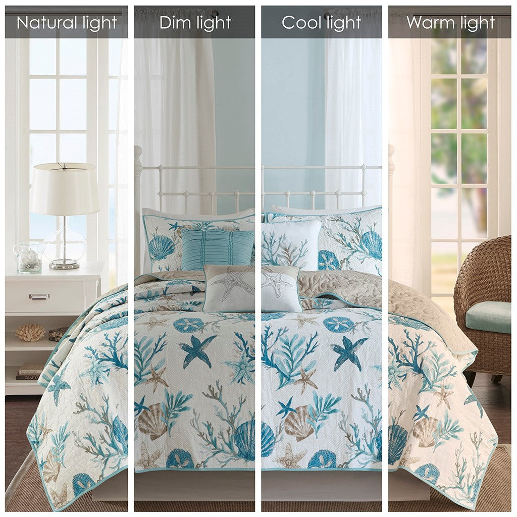 Aqua Cotton Sateen Quilt Set with Coastal Motifs - 6 Piece Full/Queen