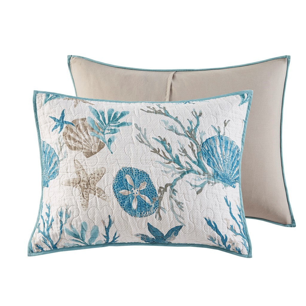 Aqua Cotton Sateen Quilt Set with Coastal Motifs - 6 Piece Full/Queen