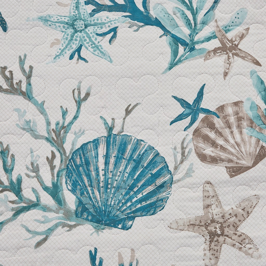 Aqua Cotton Sateen Quilt Set with Coastal Motifs - 6 Piece Full/Queen