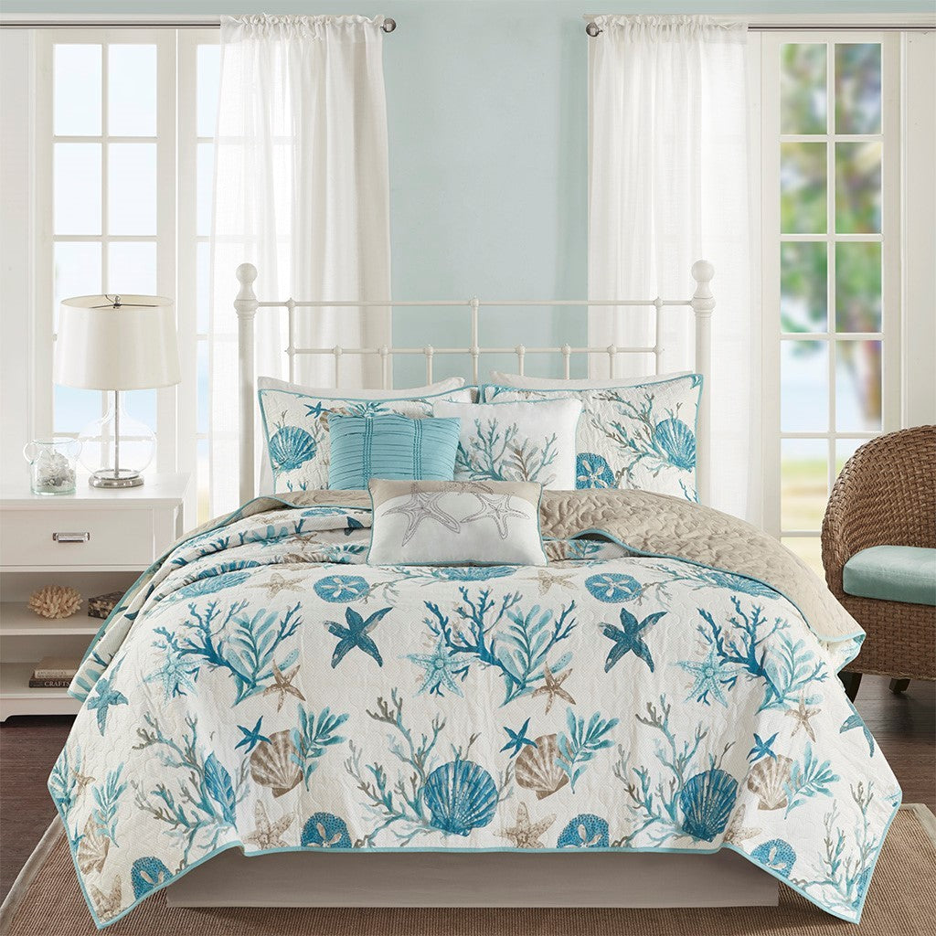 Aqua Cotton Sateen Quilt Set with Coastal Motifs - 6 Piece Full/Queen