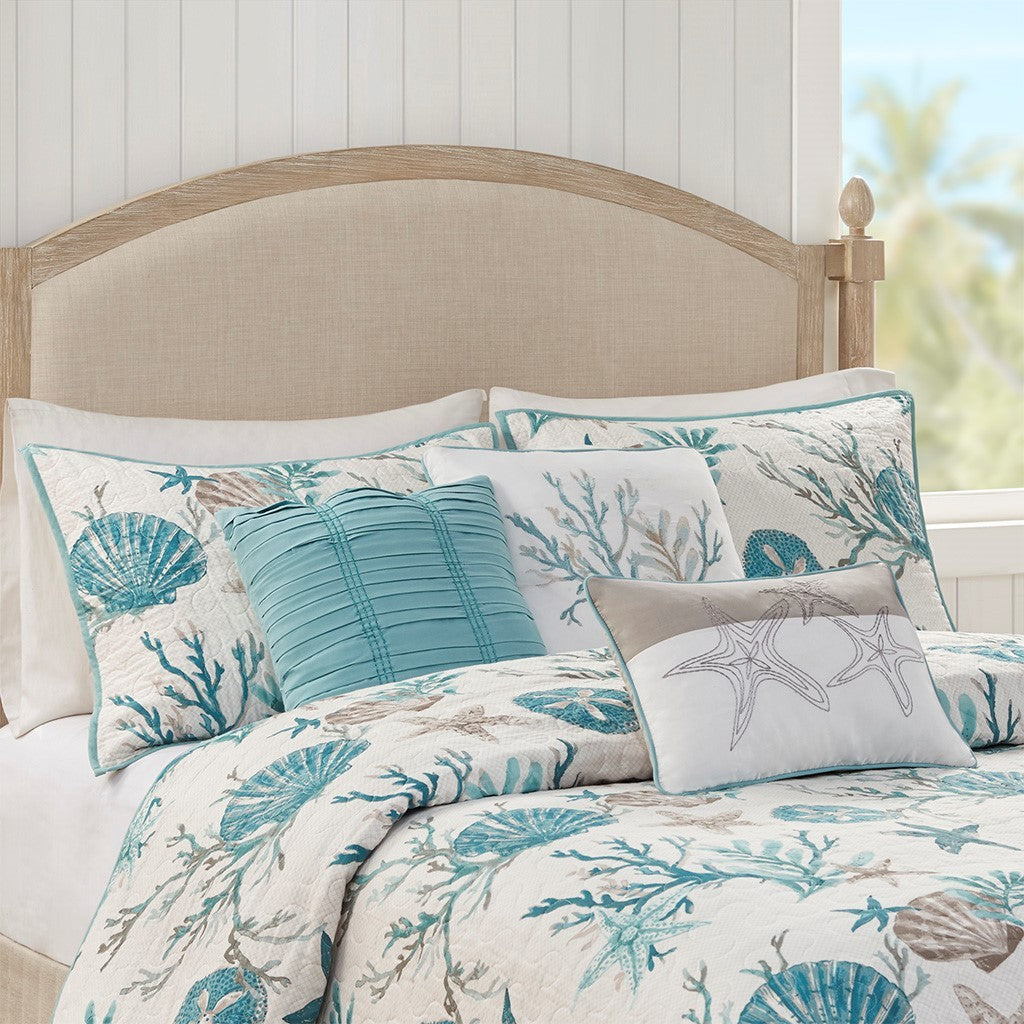 Aqua Cotton Sateen Quilt Set with Coastal Motifs - 6 Piece Full/Queen