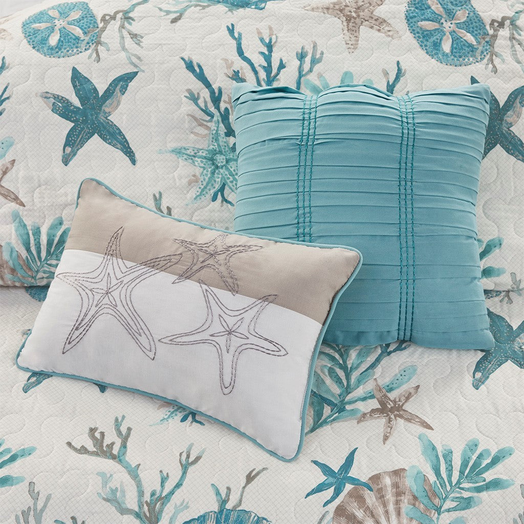 Aqua Cotton Sateen Quilt Set with Coastal Motifs - 6 Piece Full/Queen