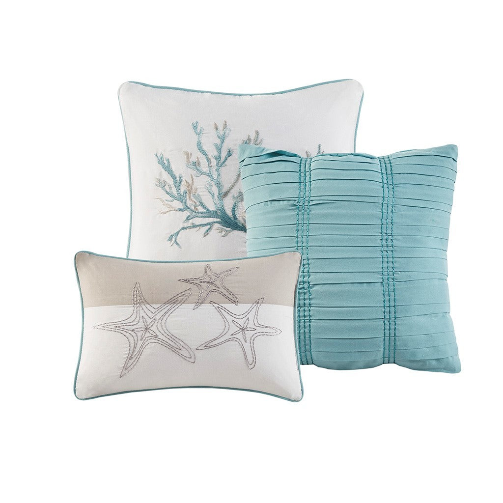 Aqua Cotton Sateen Quilt Set with Coastal Motifs - 6 Piece Full/Queen