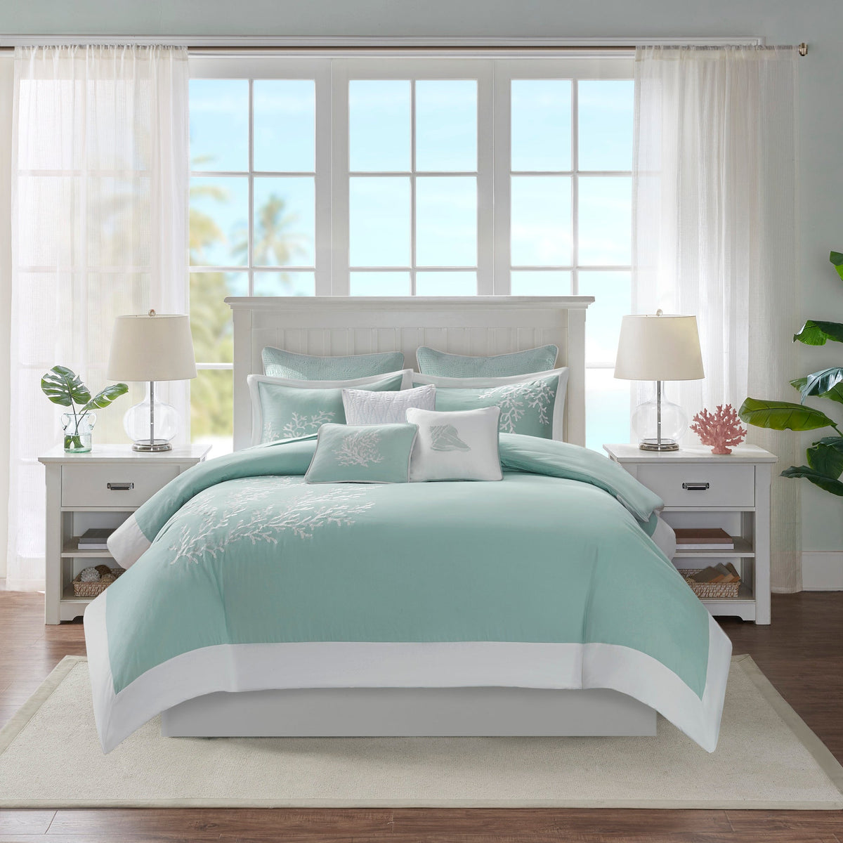 Aqua Duvet Cover Mini Set with White Coral Embroidery - King/Cal King